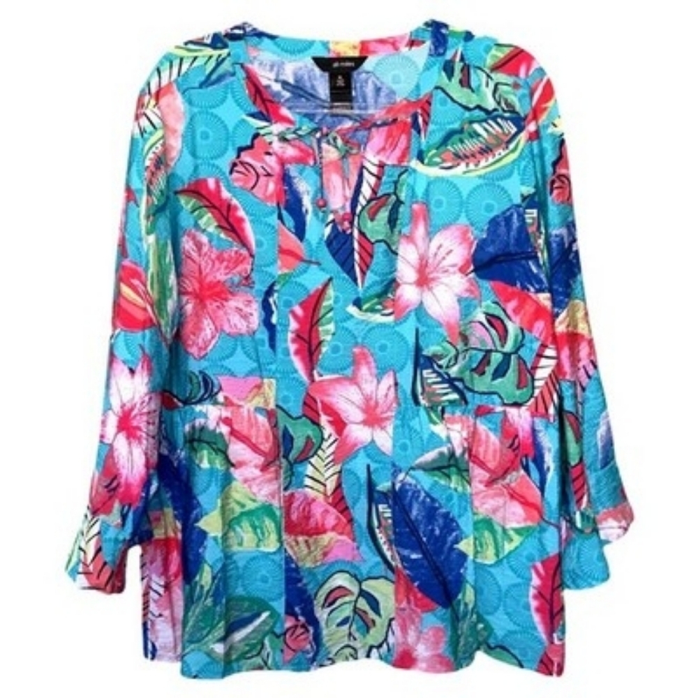 NWT Ali Miles Beautiful Print Flounce Sleeve Leaf Floral Blue Top Tunic Size MP